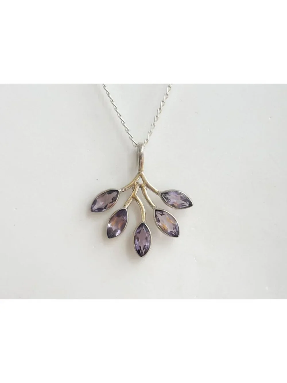 Amethyst Branched Leaves Sterling Silver 925 Vintage Pendant Necklace - 18